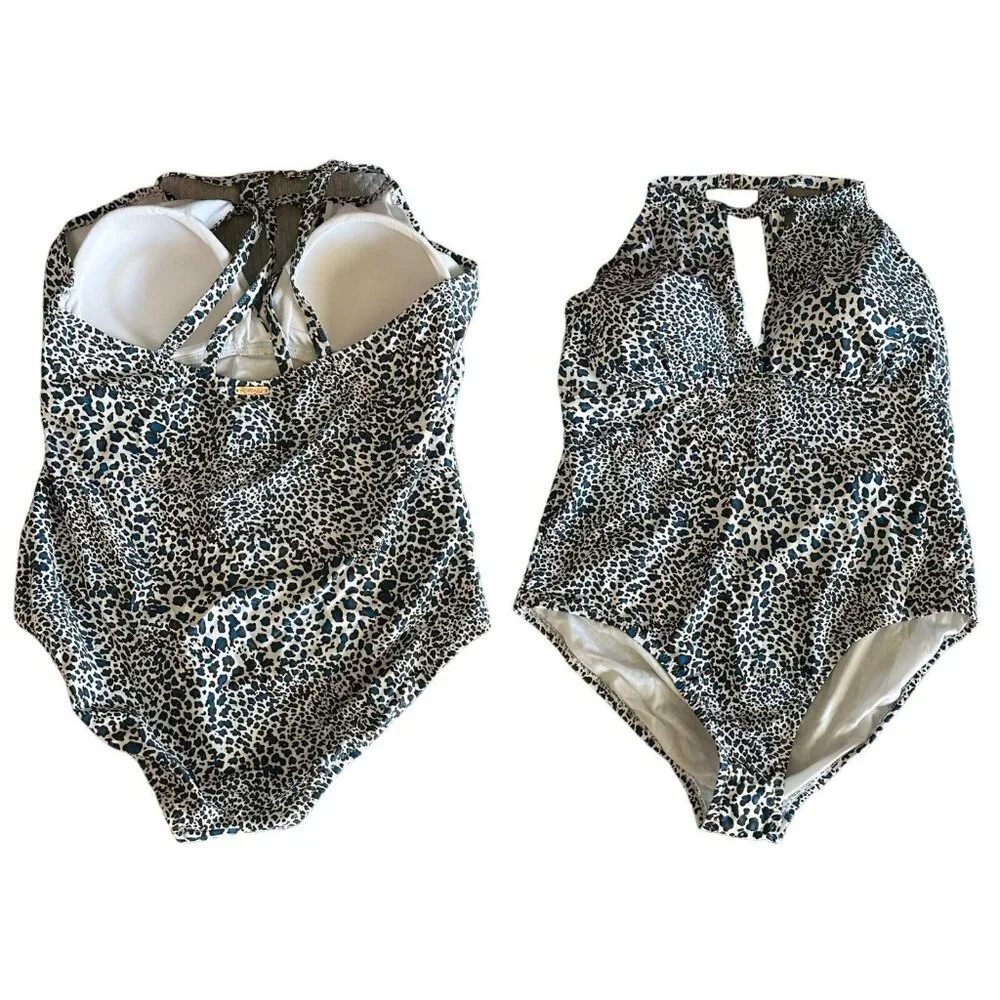 Raisins Plus Size 16W White Animal Print Stretch High Neck Keyhole Full Coverage